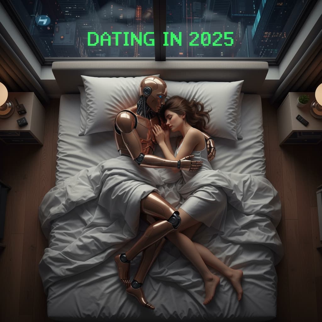 Robot and human embracing in a futuristic, cozy setting
